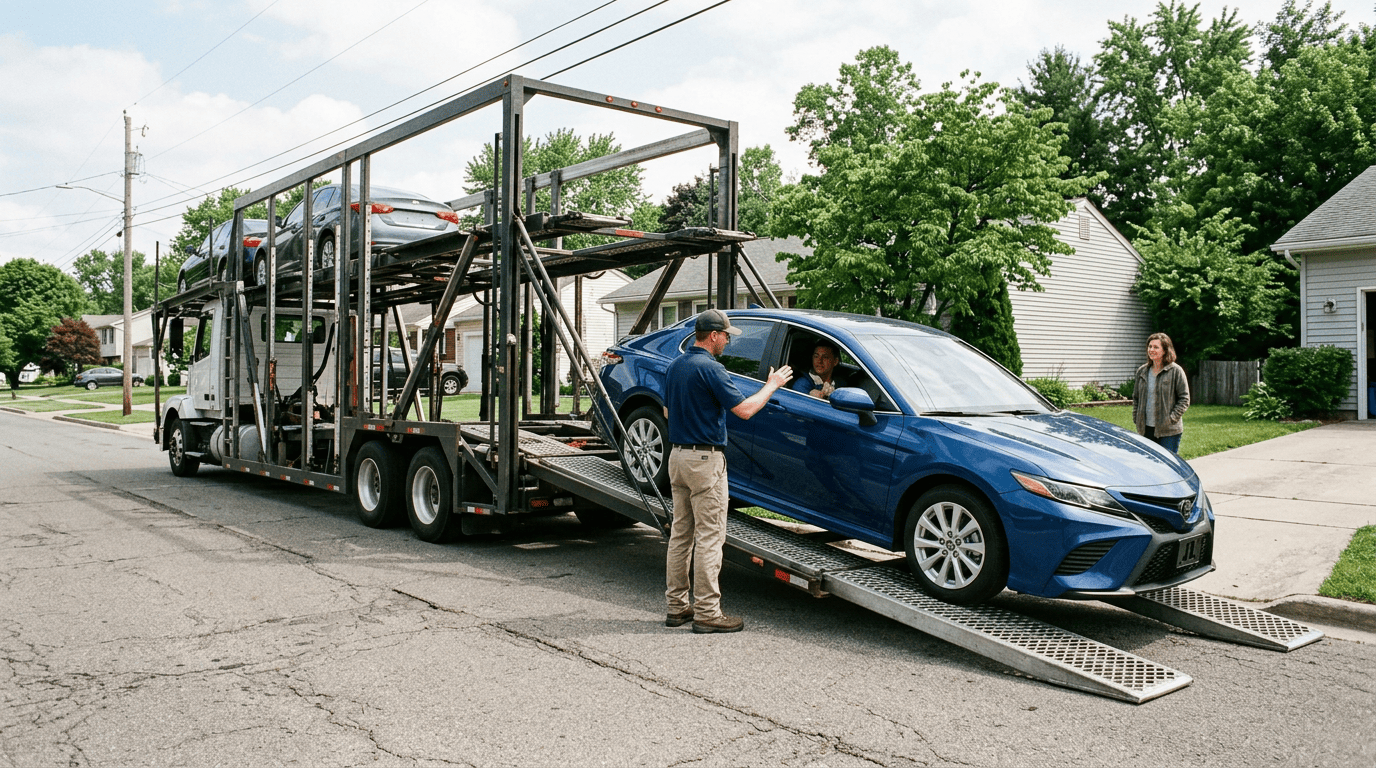 Driver unloading a car from a transporter onto a residential street