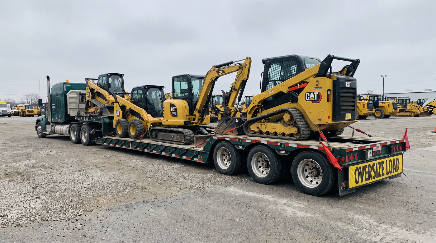 Skid steers and mini excavators chained to a three-axle lowboy trailer marked oversize load